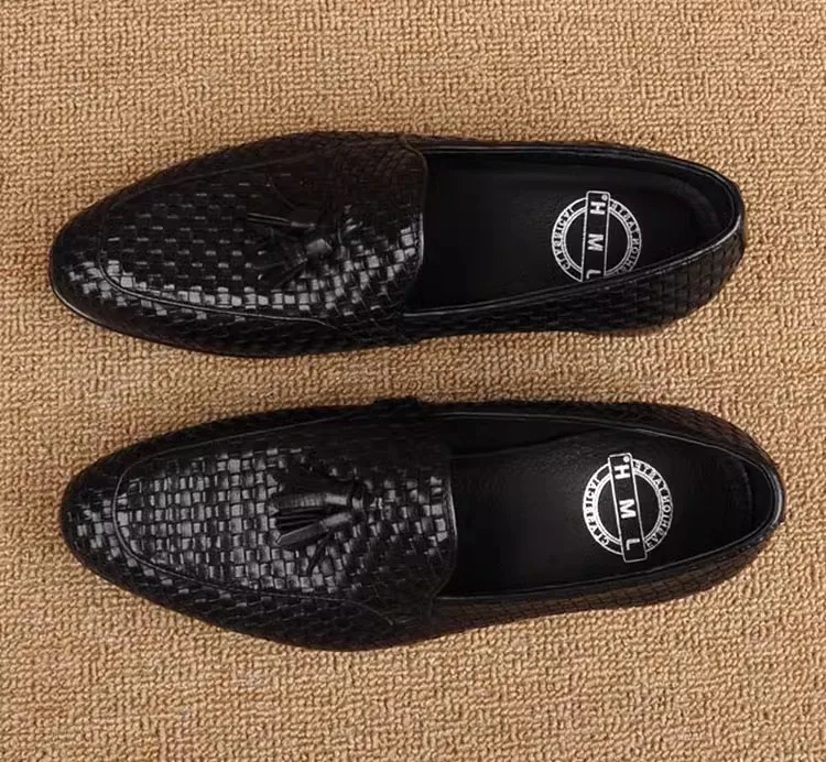 Hand-woven men's shoes, leather tassel loafers, men's British business, leather shoes, single-pedal shoes