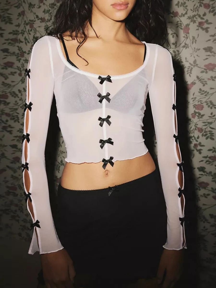 

Женские укороченные топы с вырезами и длинным рукавом, прозрачный мини-пуловер с бантом, облегающая прозрачная Сетчатая футболка, уличная одежда