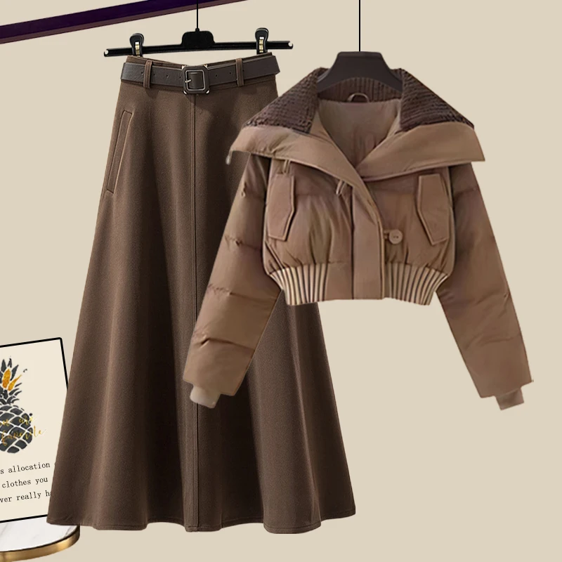 

Зимняя одежда, полный комплект, женский зимний новый высококачественный пуховик в стиле ретро с однотонной юбкой, комплект из двух предметов