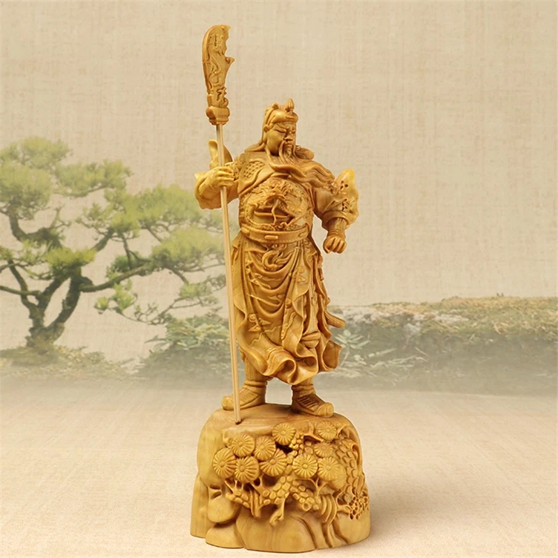 

18CM guan gong wood Figurines Hand Carved Collect Wealth God Guan yu Sculpture Gift Wood Statue Home Decoration