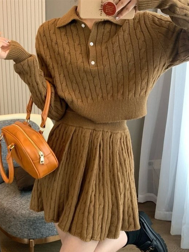 

Knitted French Vintage Two Peice Set Women Korean Designer Solid Mini Skirt Suit Female Office Lady Long Sleeve Elegant Set 2023