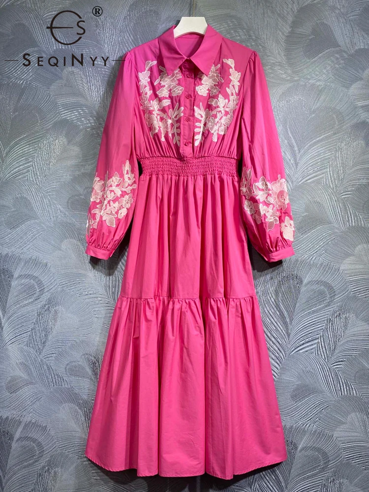 

SEQINYY 100% Cotton Shirt Dress Summer Spring New Fashion High Quality Embroidery Flower Elastic Waist Midi Casual For Women