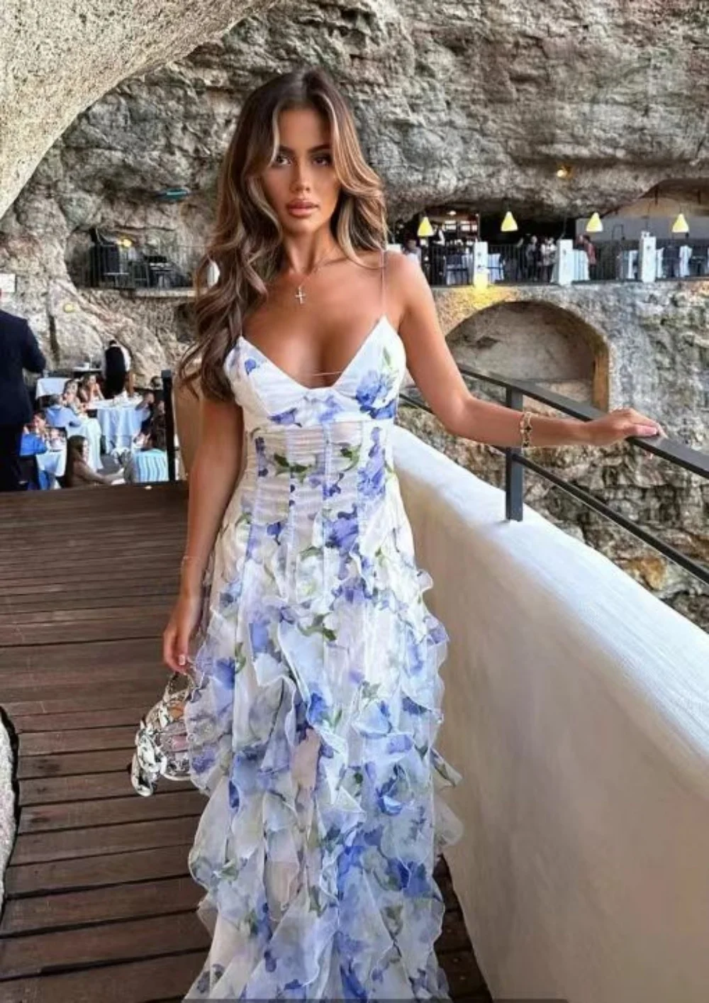 

Women Dress Summer Women Sexy Deep V Neck Slit Ruffles Floral Print Suspender Dress Casual Elegant Lady Party Evening Dresses