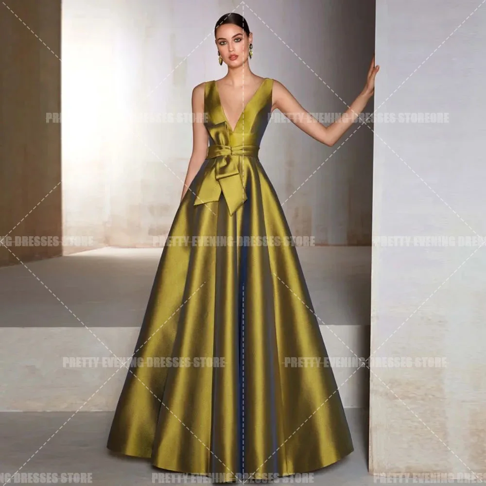 

2024 Simple Evening Dresses Woman's A Line Sexy V Neck Backless Pleat Satin Formal Celebrity Party Prom Gowns Vestidos De Fiesta