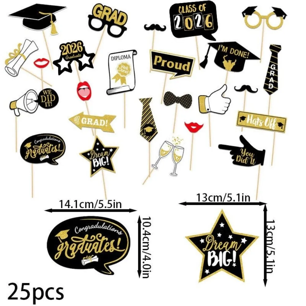 25pcs Black Golden Graduation Photo Props Congratulation Class of 2026 Happy Graduation Decor Bachelor Cap Mustache Lips