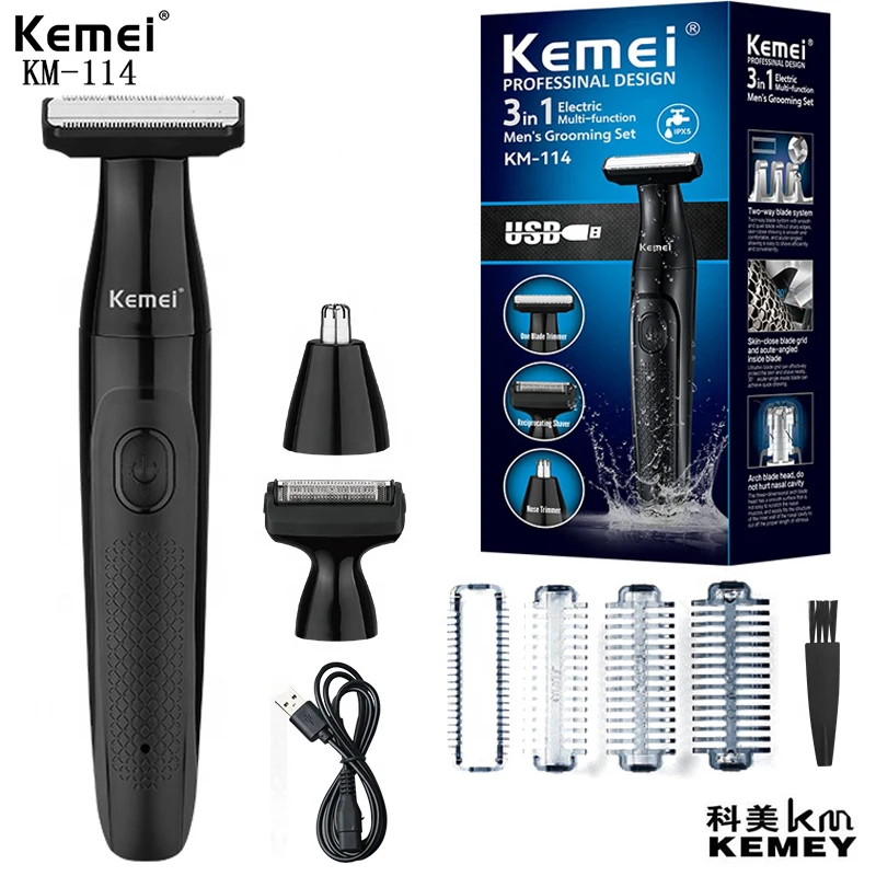 Kemei KM-114 USB Charging Waterproof 3 In 1 Mens Shaver Dry and Wet Washable Design Electric Shaver for Men Hair Cutting Machine