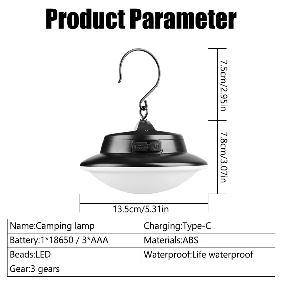 TYPE-C Rechargeable LED Camping Light with 3 Modes Outdoor Waterproof Hanging Lantern Portable Floodlight for Fishing Work Light
