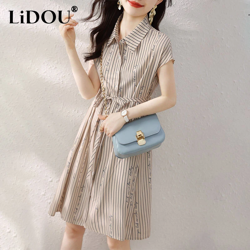 

Summer Elegant Fashion Polo-neck Striped Printing Lace Up Dress Female Short Sleeve Casual Midi Robe Femme Waist Midi Vestidos