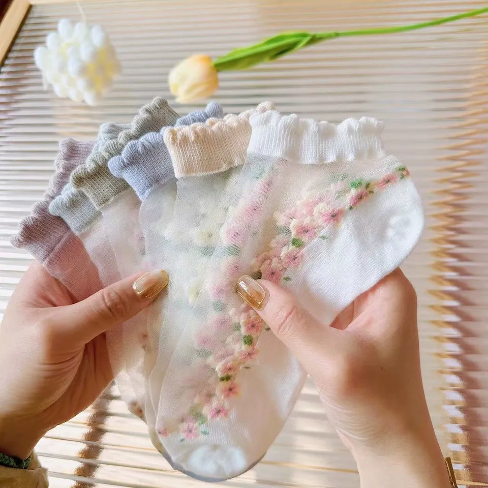 7 Pairs Short Socks Japanese Cute Little Fresh Ins Short Floral Glass Silk Women's Socks Spring Summer Thin Crystal Boat Socks