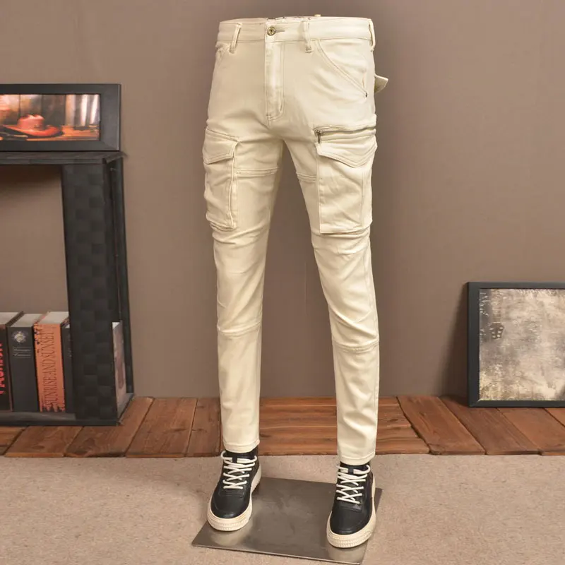 High Street Fashion Men Jeans Beige White Stretch Skinny Fit Spliced Biker Jeans Homme Pocket Designer Hip Hop Denim Pants Men