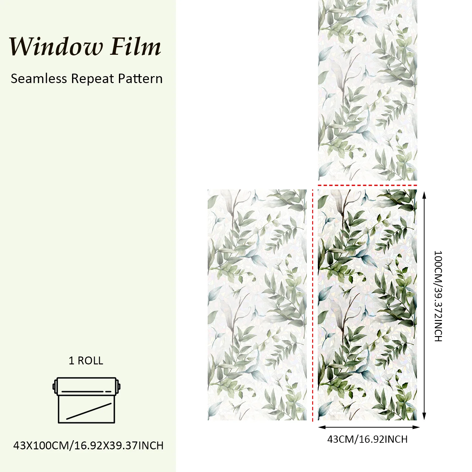 43x100cm Green Leaf Laser Window Film PVC Green Plant Electrostatic Privacy Window Stickers for Living Room Bedroom Glass Decor
