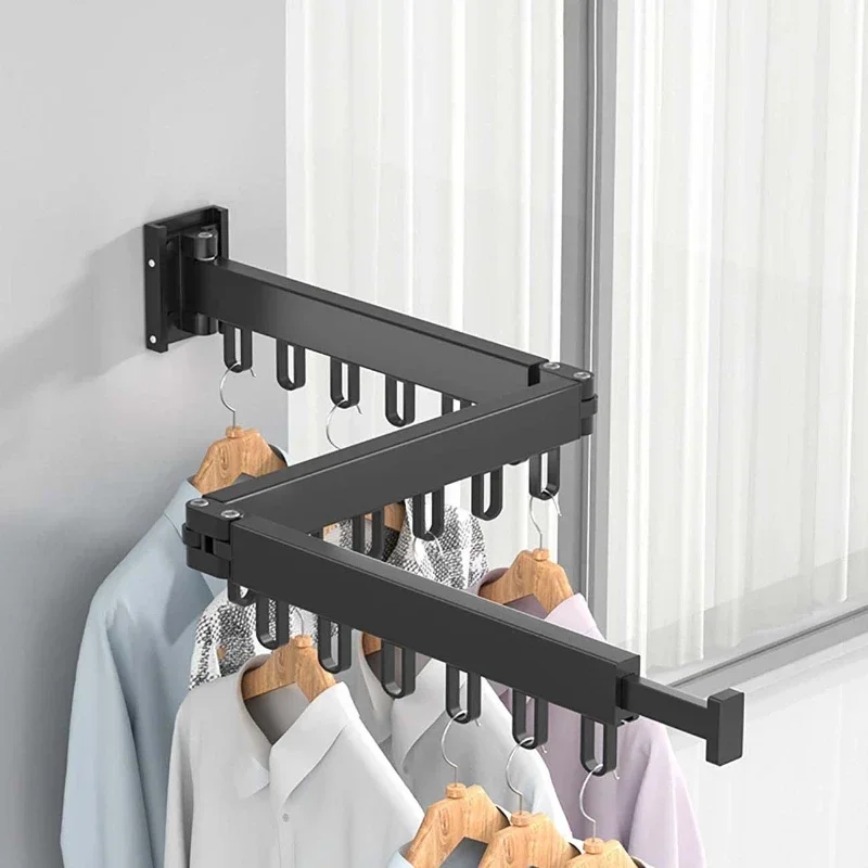 Folding Clothes Hanger Wall Mount Retractable Cloth Drying Rack Space Saving Aluminum Home Laundry Clothesline for Indoor Outdoo