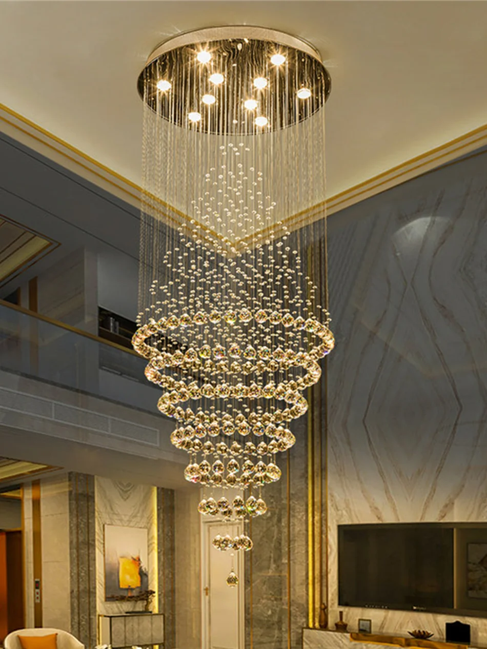 Modern LED Crystal Chandelier Lamp Stair Lights Droplight Double Entry Long Circular Crystal Lighting Lobby Chandelier