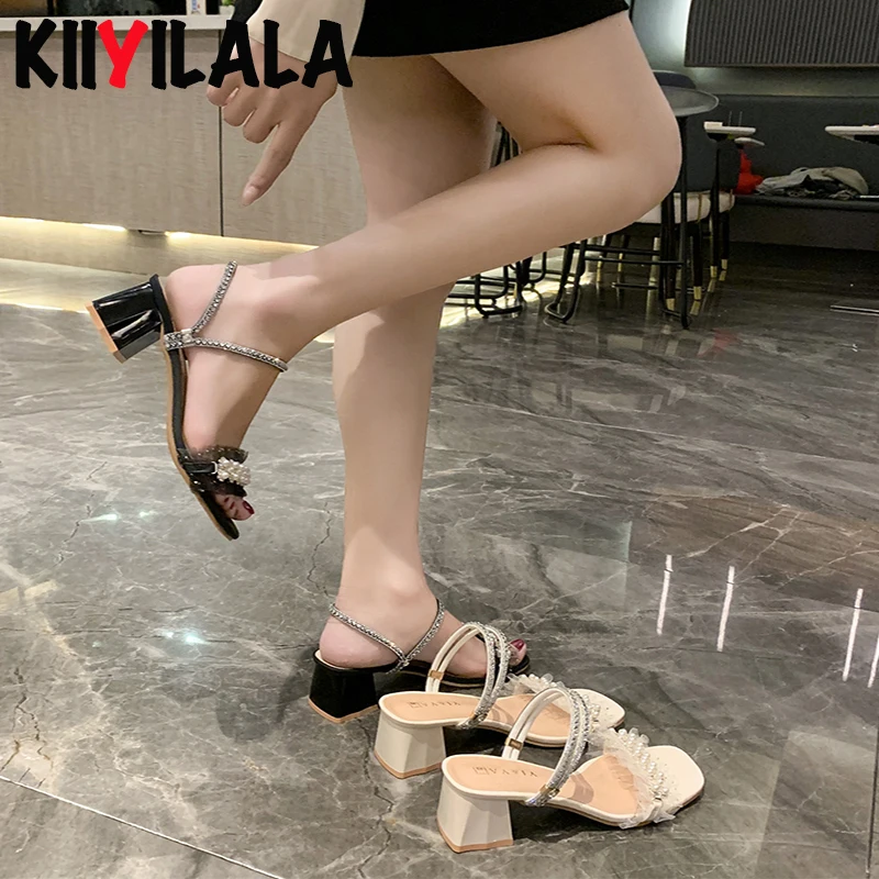 

Женские сандалии Kllyilala, элегантные туфли с квадратным носком, прозрачные, с жемчугом, с кристаллами, Шелковый бант, на лето