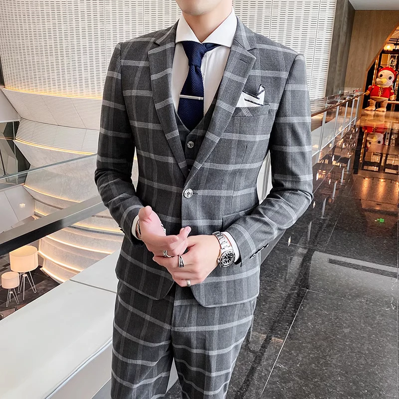 Description Picture 4 of itemTraje De Hombre Elegante (Blazer+vest+pants) Men's Fashion Business Korean Slim-fit Wedding Professional Plaid Elegant Man Suit