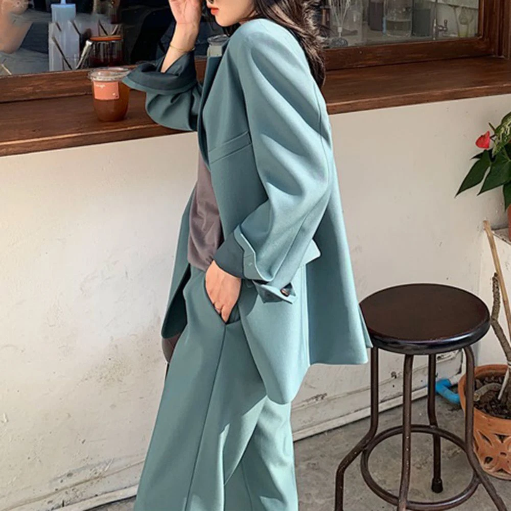 Elegant 2 Pieces Set Women Casual Pant Suits Single Button Jacket & High Waist Loose Trousers 2023 Spring Stylish Blazer Suit
