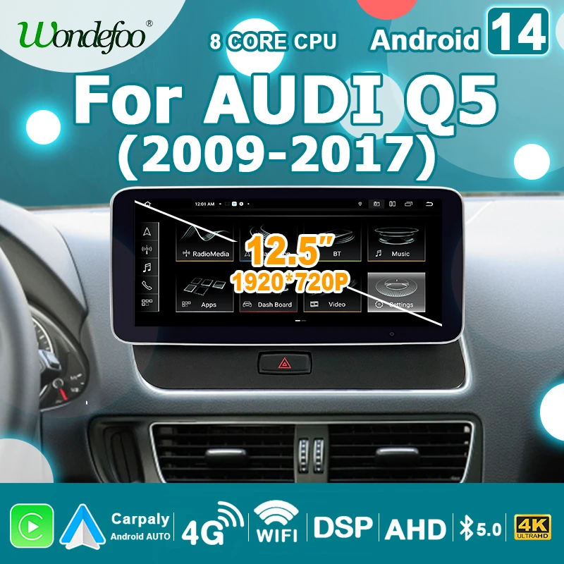 Pantalla de 12.5'' con resolución de 1920*720P, CarPlay, Android Auto, estéreo, GPS, autoradio para Audi Q5 2009-2016, radio de coche 2 DIN, reproductor multimedia, 4G LTE 1