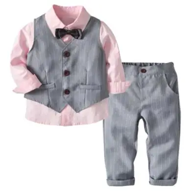 Kid Boy Clothes Gentleman Grey Vest + Long-Sleeved White Shirt + Pants Four-Piece Suits Infant Children Outfits