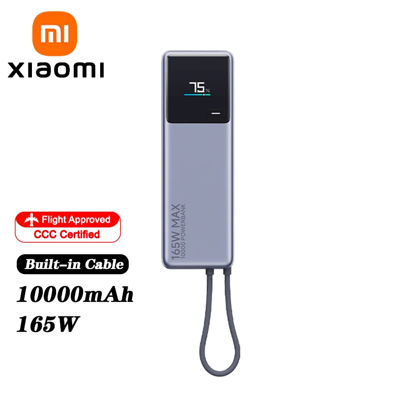 XIAOMI 165 W Power Bank 10000 mAh,Built‑in USB‑C Cable, Color Smart Display, Dual‑Port Fast Charge for iphone 16 15 14 Pro Max