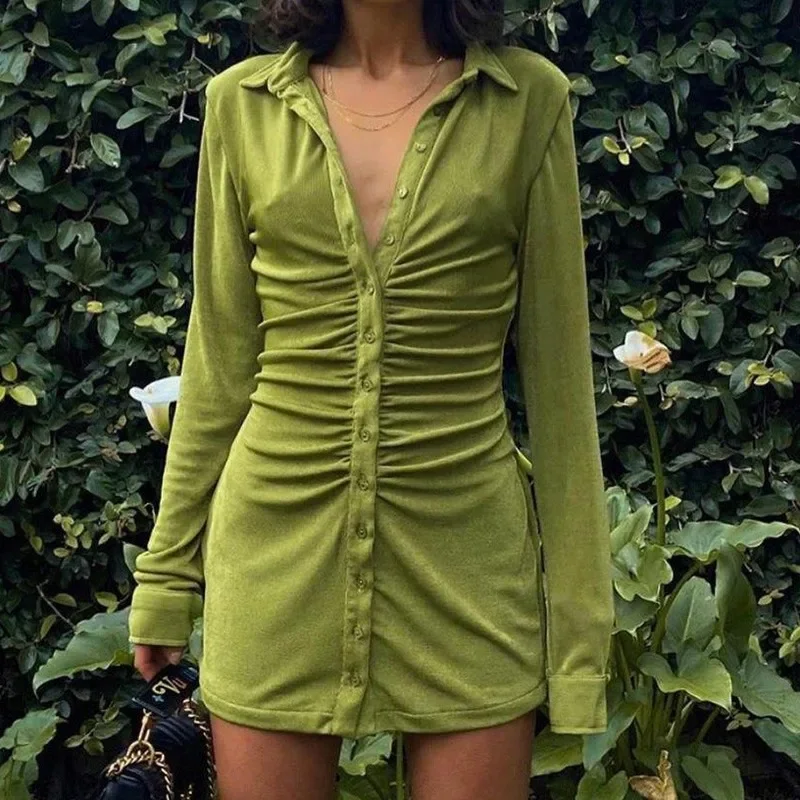 

2024 Autumn Green Long Sleeve Dress Women Dresses Sexy Turn Down Collar Mini Dress Button Up Dresses Bodycon Shirt Dress New