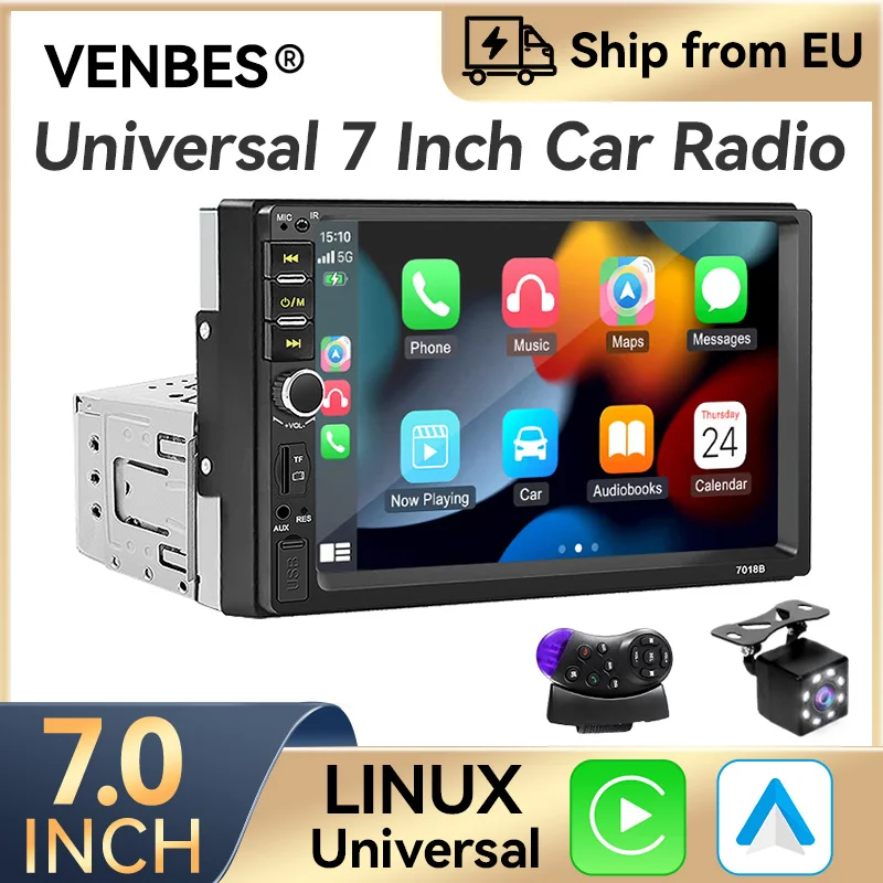VENBES Radio de coche 1 Din 7 pulgadas CarPlay Android Auto Mirror Link cámara de marcha atrás impermeable BT 5,0 AUX USB TF 1
