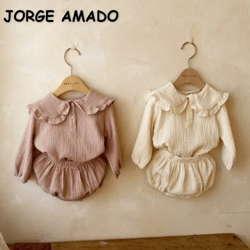 

Summer Baby Girl Wrinkle Fabric Thin Cotton Set Ruffle Turn-down Collar Top+Solid Color Bread Shorts Newborn Casual Suit EY0150