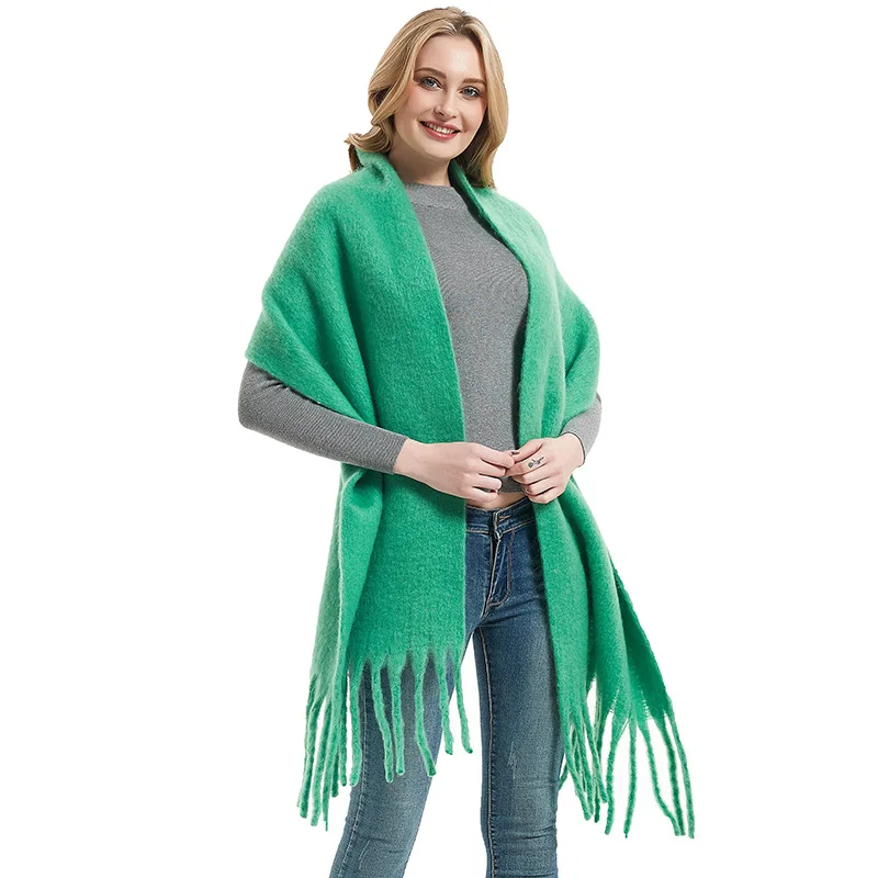 Autumn and Winter Warm Solid Colour Shawl for Women Long Tassel Rough Beard Grass Green Thickened 26 Colours Scarf 5