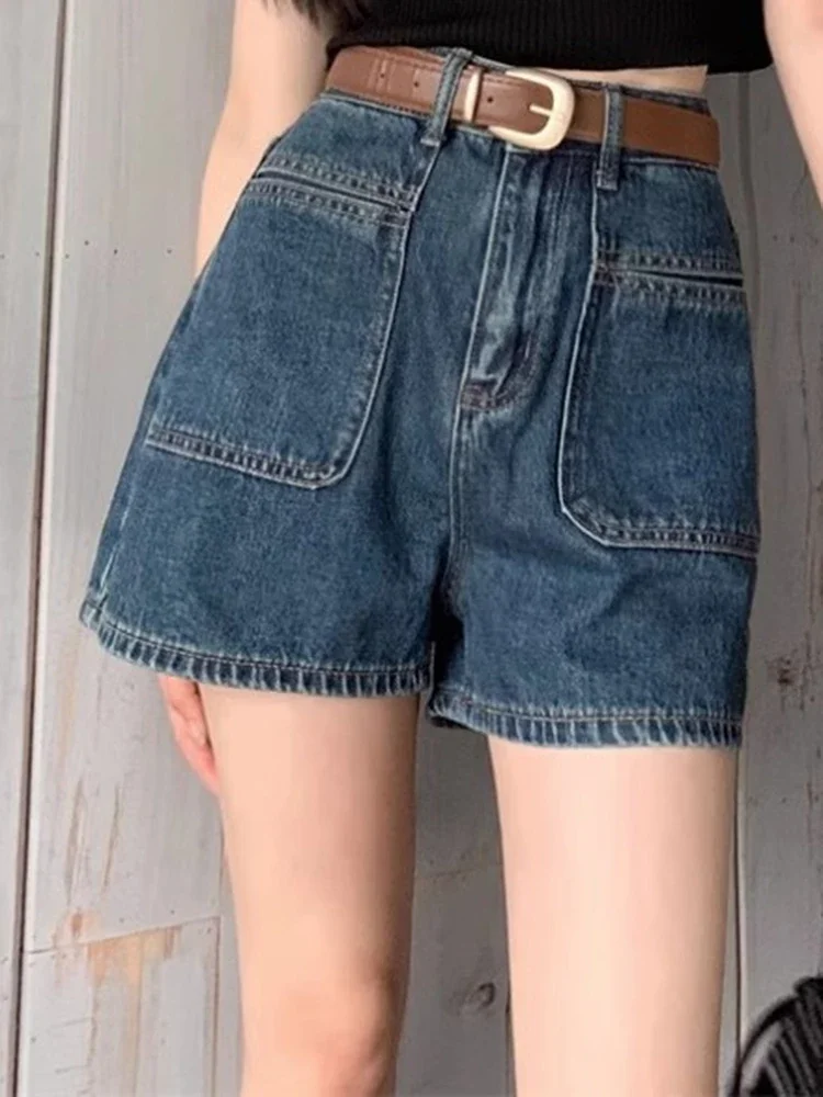 여성용 빈티지 와이드 레그 반바지, 여성용 루즈 핫팬츠, 레트로 블루 연청, 하..