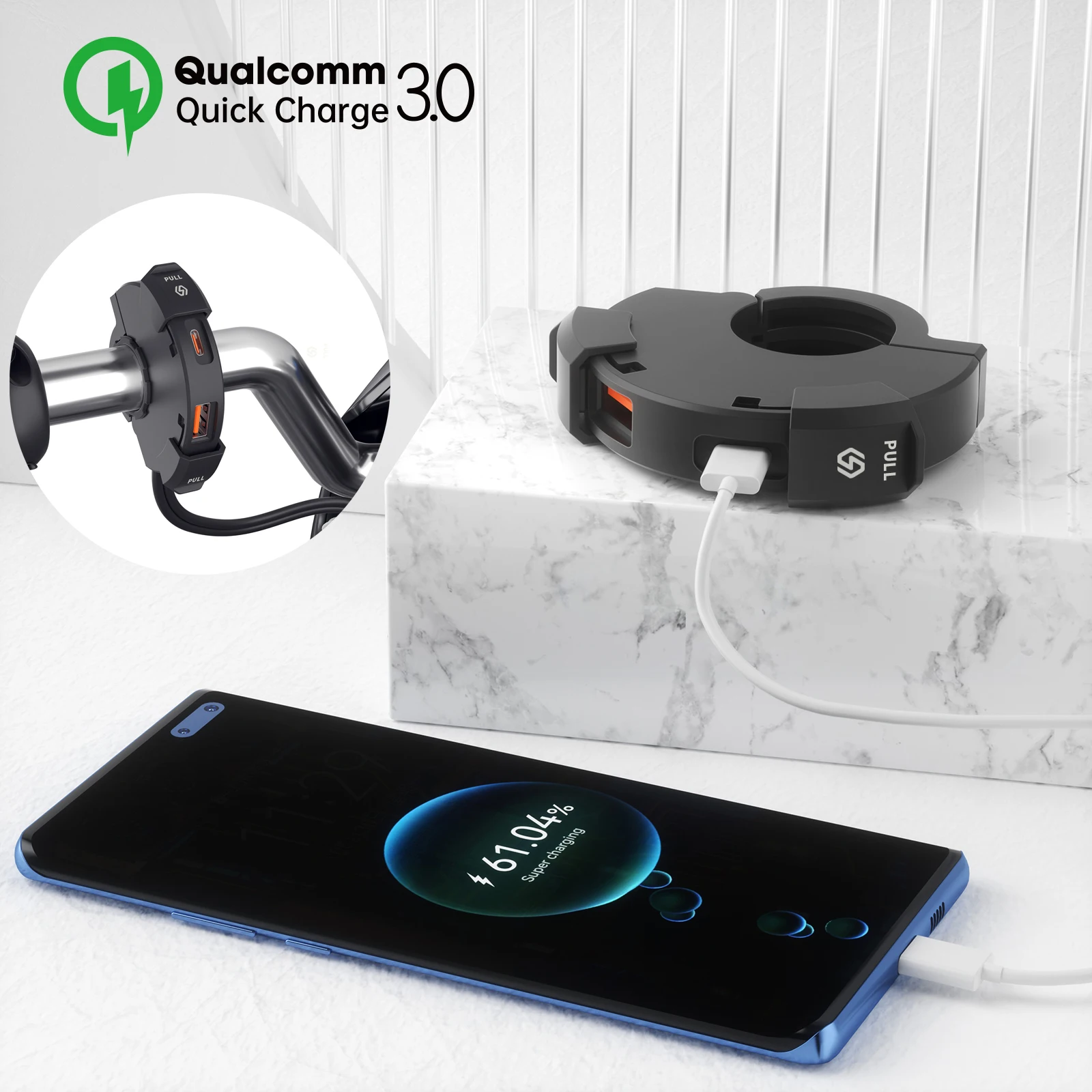 

Motorcycle USB Type c Charger QC3.0 PD 30W IP65 Waterproof Moto Bike Handlebar Mounting Bracket Charger for IPhone Xiaomi 12 24V