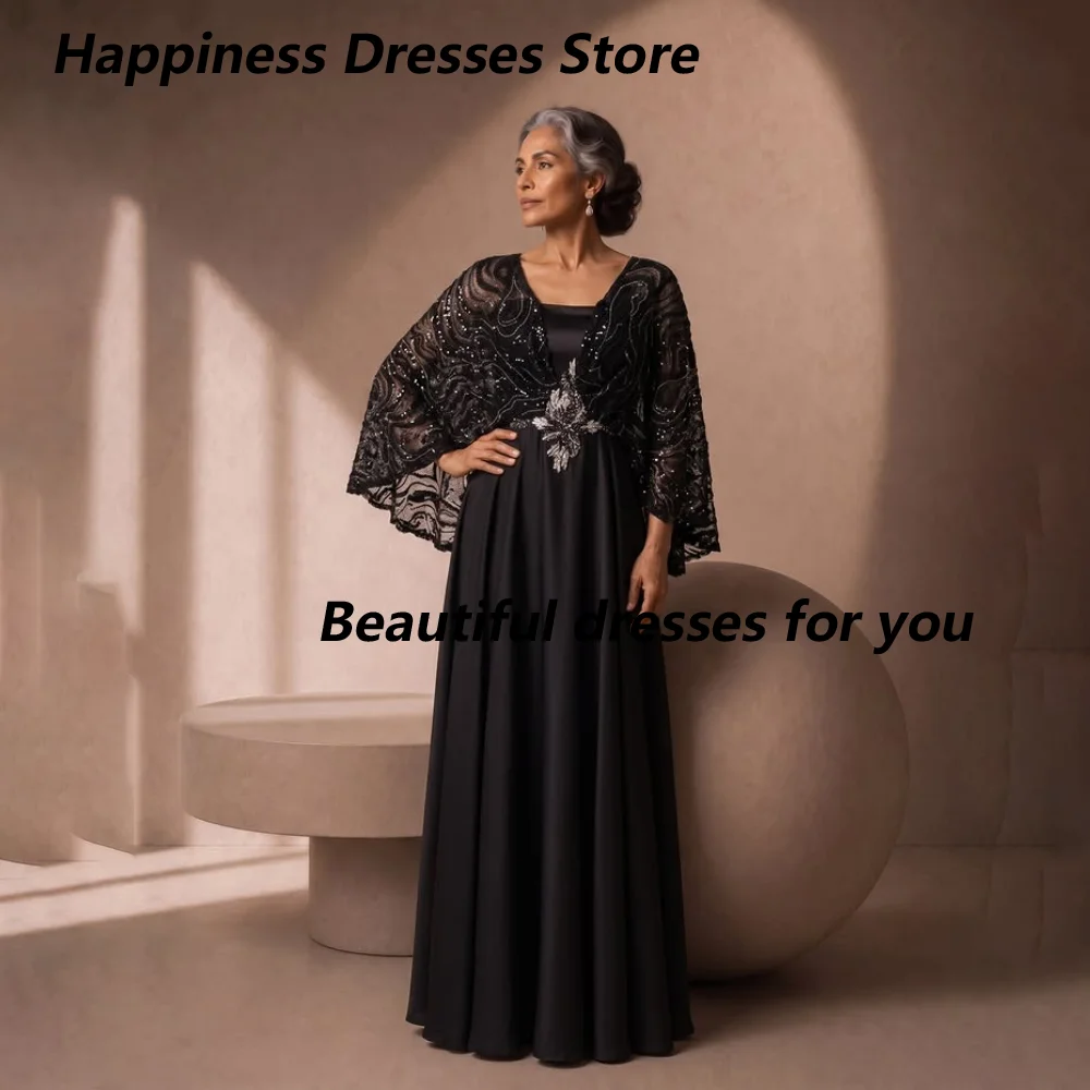 Abito da Cerimonia Personalizzato Nero in Chiffon con Perline e Scollo Quadrato, in Raso, per Madre della Sposa, con Mantella in Pizzo e Applicazioni Floreali, Modello A-Line