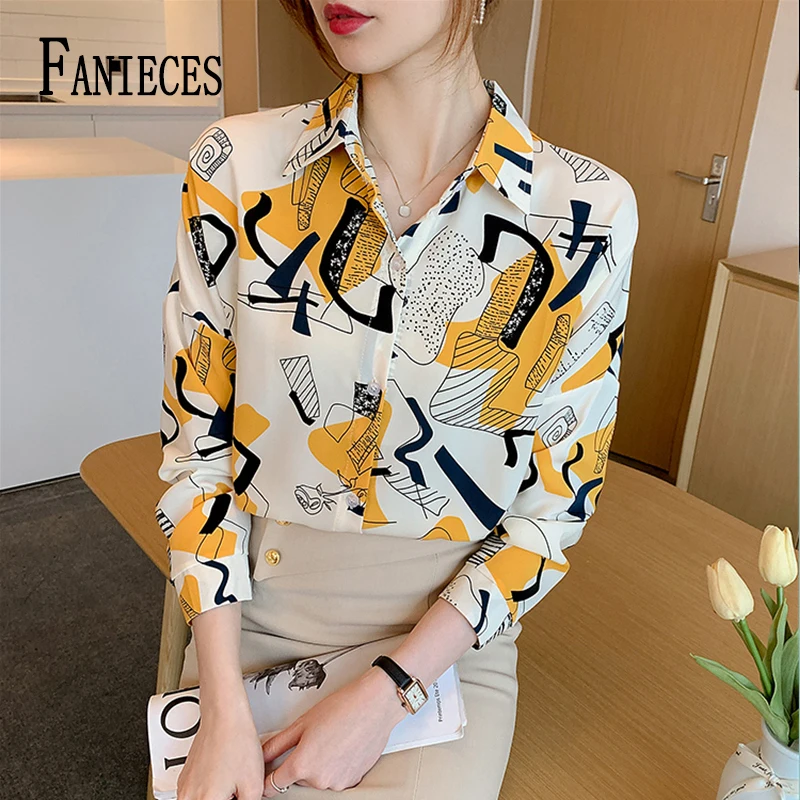 FANIECES Button-up Office Lady Blouses WomenLong Sleeve Lapel Print Elegant Shirts Top Spring Roupas Femininas Blusas Рубашки [fila]садоводство рубашки