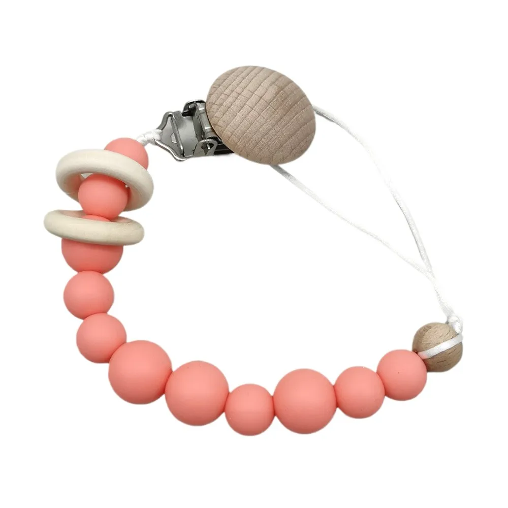 Silicone Beads Pacifier Clip with Wooden Ring Baby Dummy Holder Leash Pacifier Chain Anti-Lost Soother Accessory for Infants