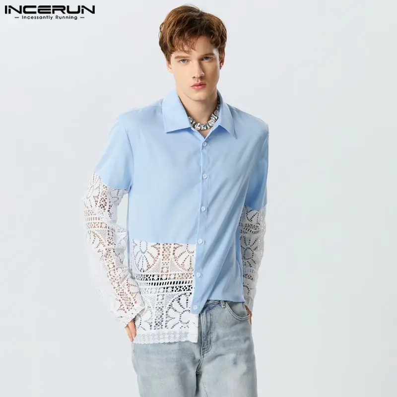 

Мужская Асимметричная кружевная рубашка в стиле пэчворк, прозрачная Свободная рубашка с отложным воротником и длинными рукавами, Мужская одежда, уличная одежда 2023, стильная женская рубашка