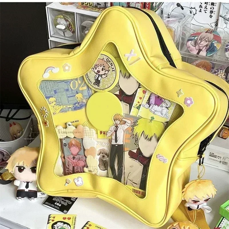 Womens Backpack Yellow Star PU Leather Shoulder Bag Cute Teenage Girl Kawaii Schoolbag Knapsack Y2K Spicy Girl Travel