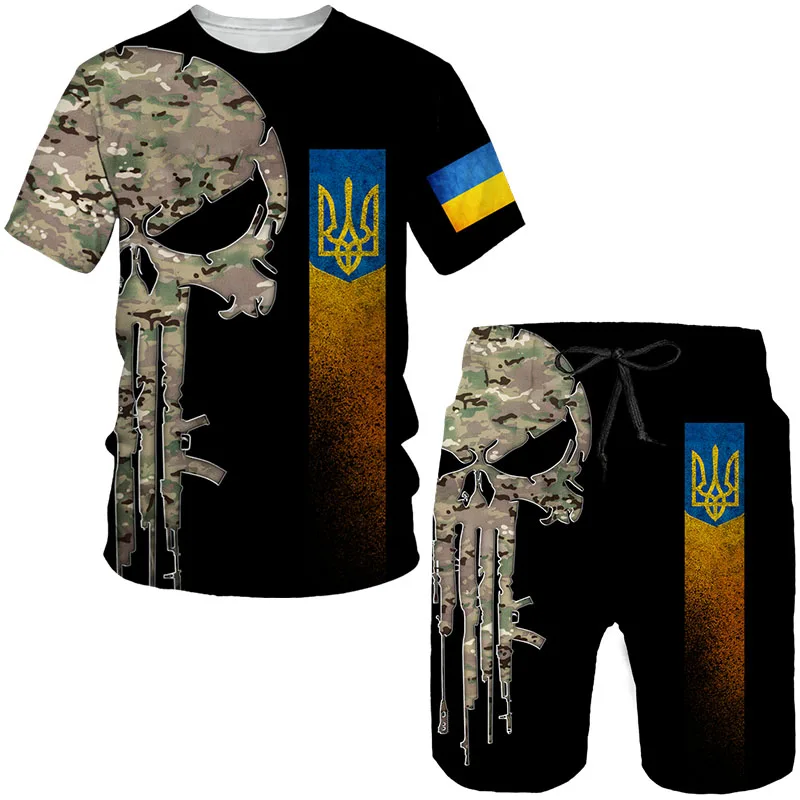 2023 Men Ukrainian Camo 3D Printed T-shirt/suit Armed Forces Military T-shirt shorts set casual short sleeved outdoor sportswear