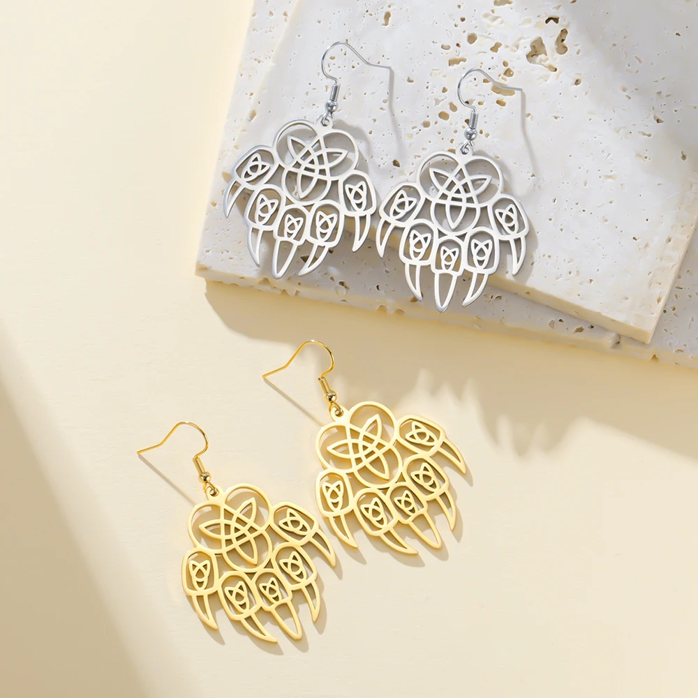 Dawapara Bärenpfoten-Dreifaltigkeitsknoten-Ohrringe, Vintage Tribal Triquetra Stärkesymbol Keltischer Schmuck, Edelstahl-Hängeohrringe – Detail 16