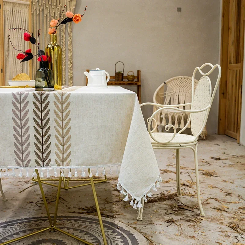 

Inyahome Luxury Leaves Embroidered Tablecloth Cover for Dining Table Waterproof Cotton and Linen Party Decoration Table Cover
