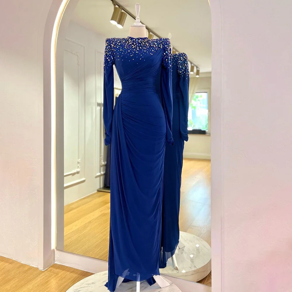Luxury Evening Dress Crystal Long Sleeves Royal Blue Wedding Guest Gowns for Women 2023 Mermaid/Trumpet O Neck Modest Prom Dress 1