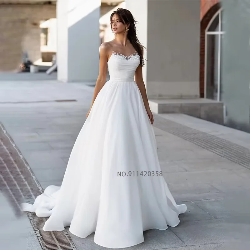Customized Luxury Sweetheart Neckline Boho Wedding Dresses High Slit Appliques Sleeveless A-Line Bridal Gowns Robes De
