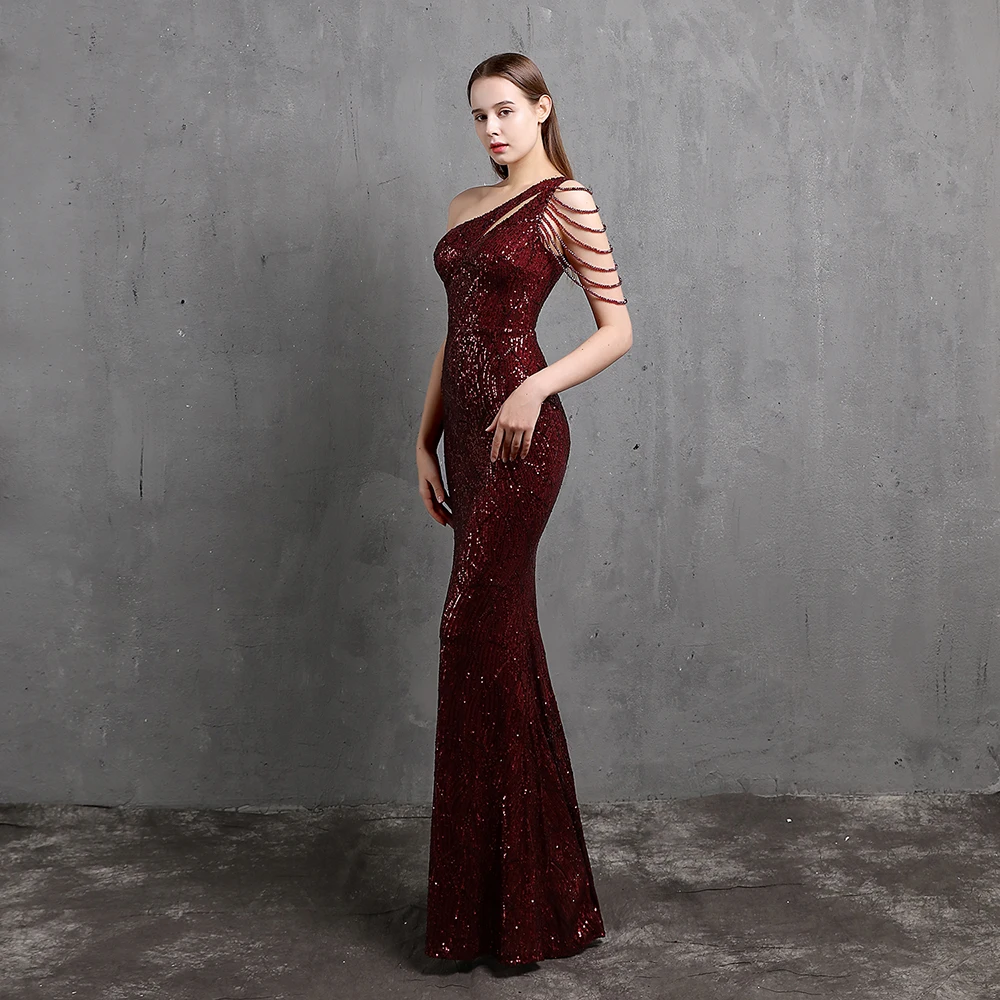 Elegant Sequin Dresses for Wedding Guest One Shoulder Dress for Women With Bead Maxi Formal Gowns