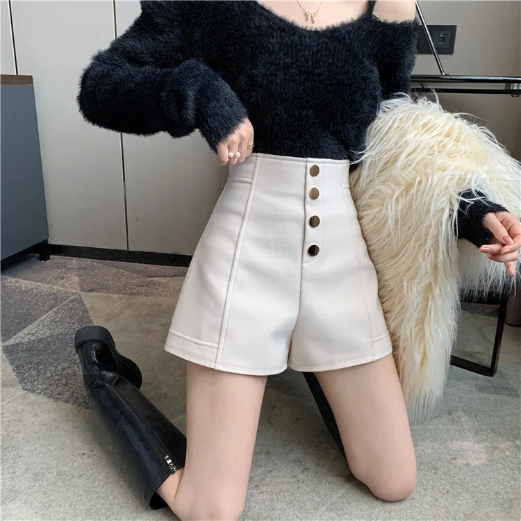 Schwarze Shorts für Damen Frühling Sommer Neue Weite Hose mit Hoher Taille Einreihig Aprikotfarbene Lässige Hotpants – Detail 9