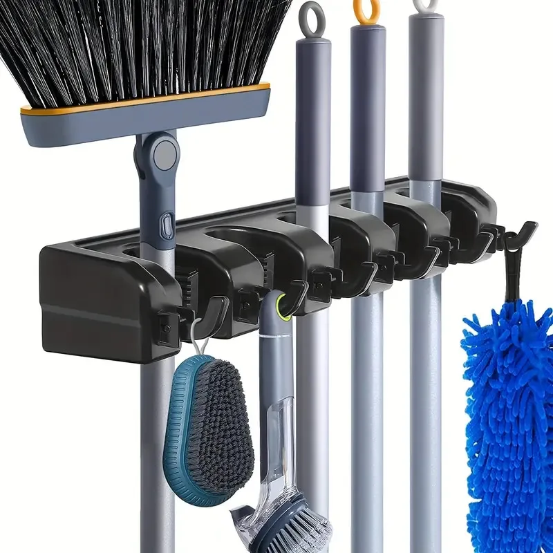 Wall Mounted Mop Holder Broom Hanger 3/4/5 Position Multi-Functional Black Magic Plastic Storage Rack for Home Kitchen Bathroom