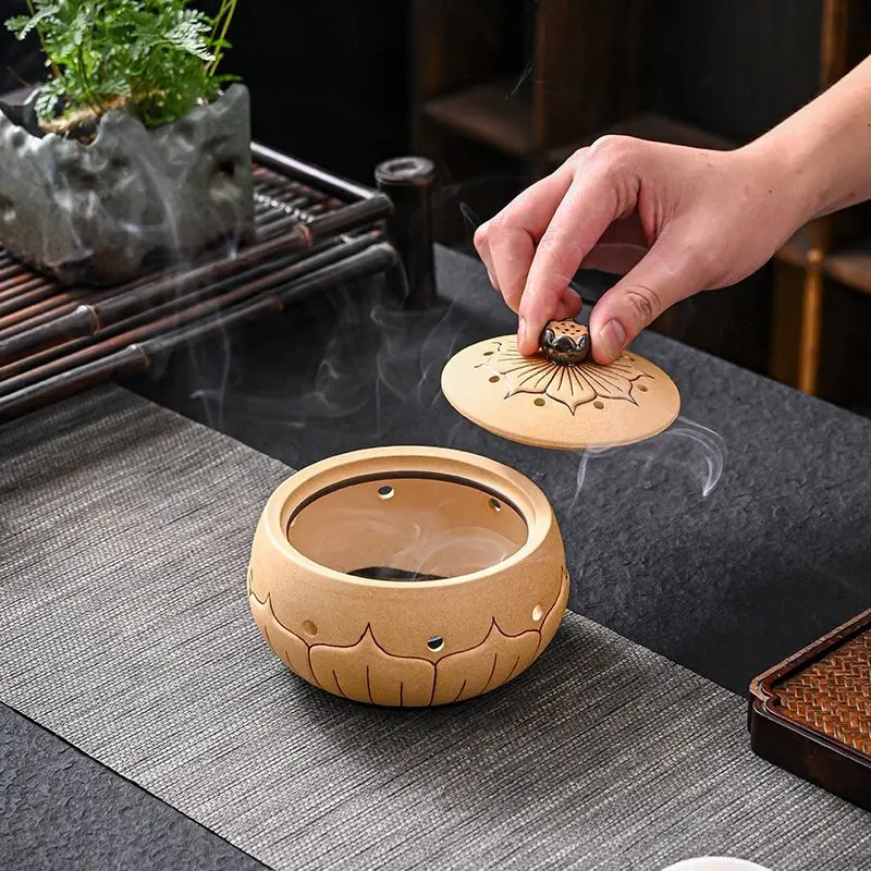 Coarse Ceramic Lotus Shape Incense Burners, Retro Indoor Aroma Rack, Chinese Zen Tea Living Room Decor Home Fragrance Stove, 1Pc