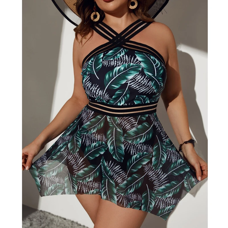 

2024 New Plus Size Women Two Pieces Swimsuits Floral Swim Dress Tankini with High Waist Short Swim Skirt Swimwear Bathing Suit