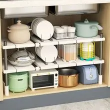 Stackable Cabinet Shelf Organizer, Space Saving Kitchen Counter Storage with Adjustable Pantry Shelves for No Assembly Required