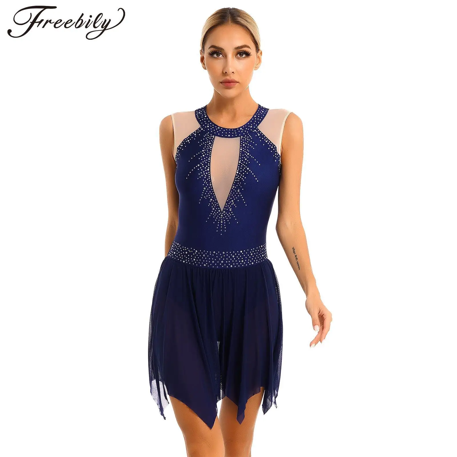 

Figure Ice Skating Dress Women Ballet Tutu Dress Leotard Glitter Rhinestone Lyrical Contemporary Dance Costumes Mesh Dress
