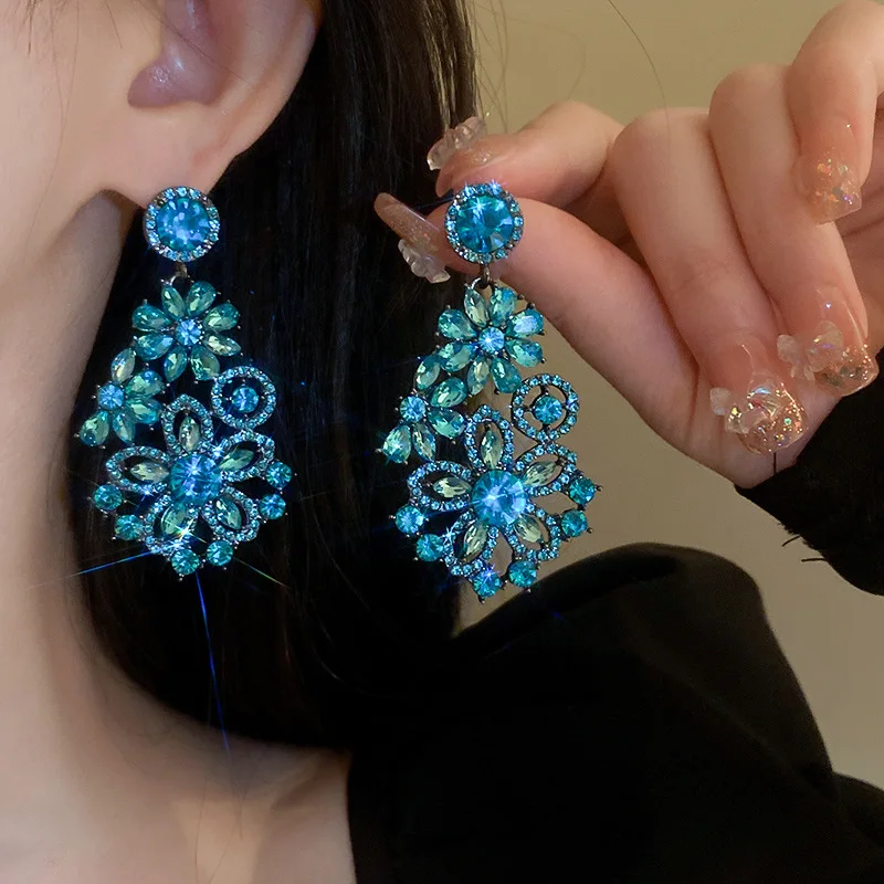 FYUANLuxuryFlowerCrystalEarringsLadiesBlueRhinestoneDrop