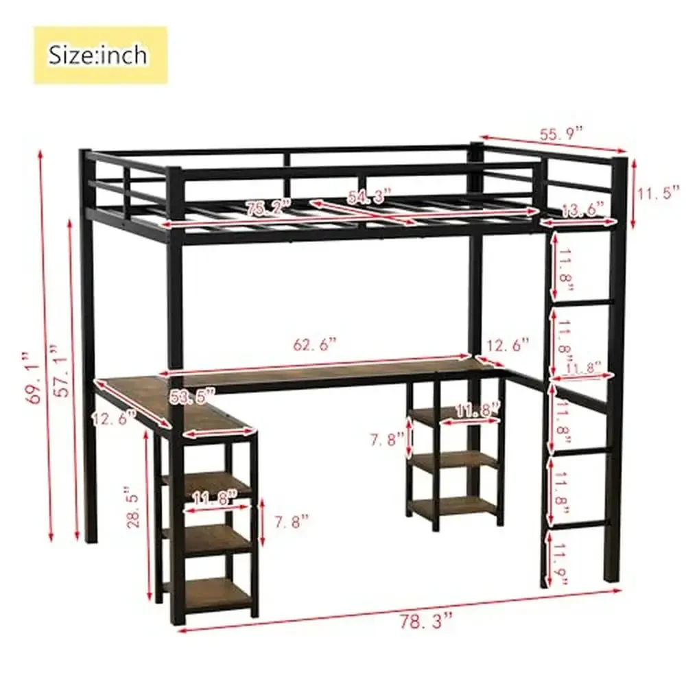 Full Size Loft Bed with Desk and Storage Shelves Industrial Style Heavy Duty Loft Bed Kids Teens Full Size L-Shaped Desk and 6 2