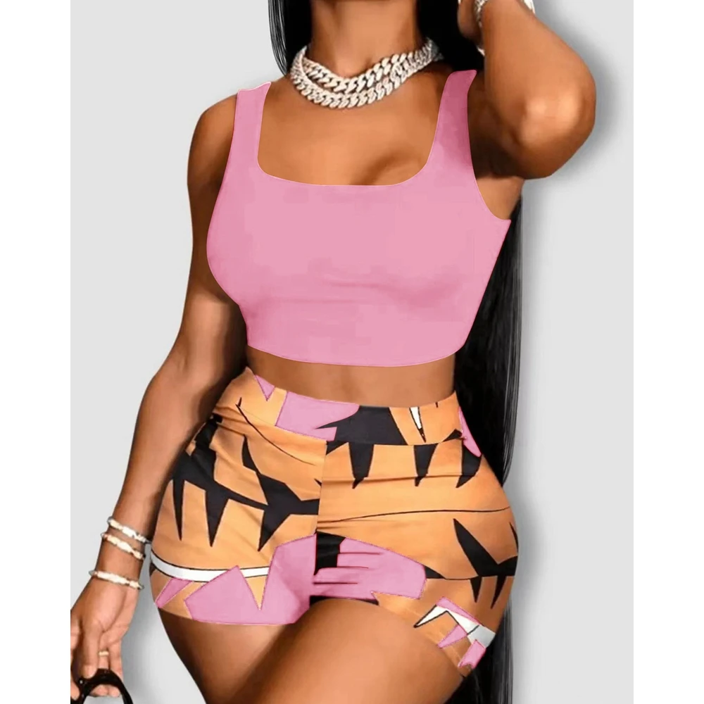 Summer Casual Sleeveless 2 Pieces Suit Set Outfits Women O-Neck Cami Crop Top & Geometric Print Shorts Sets Vacation y2k Clothes