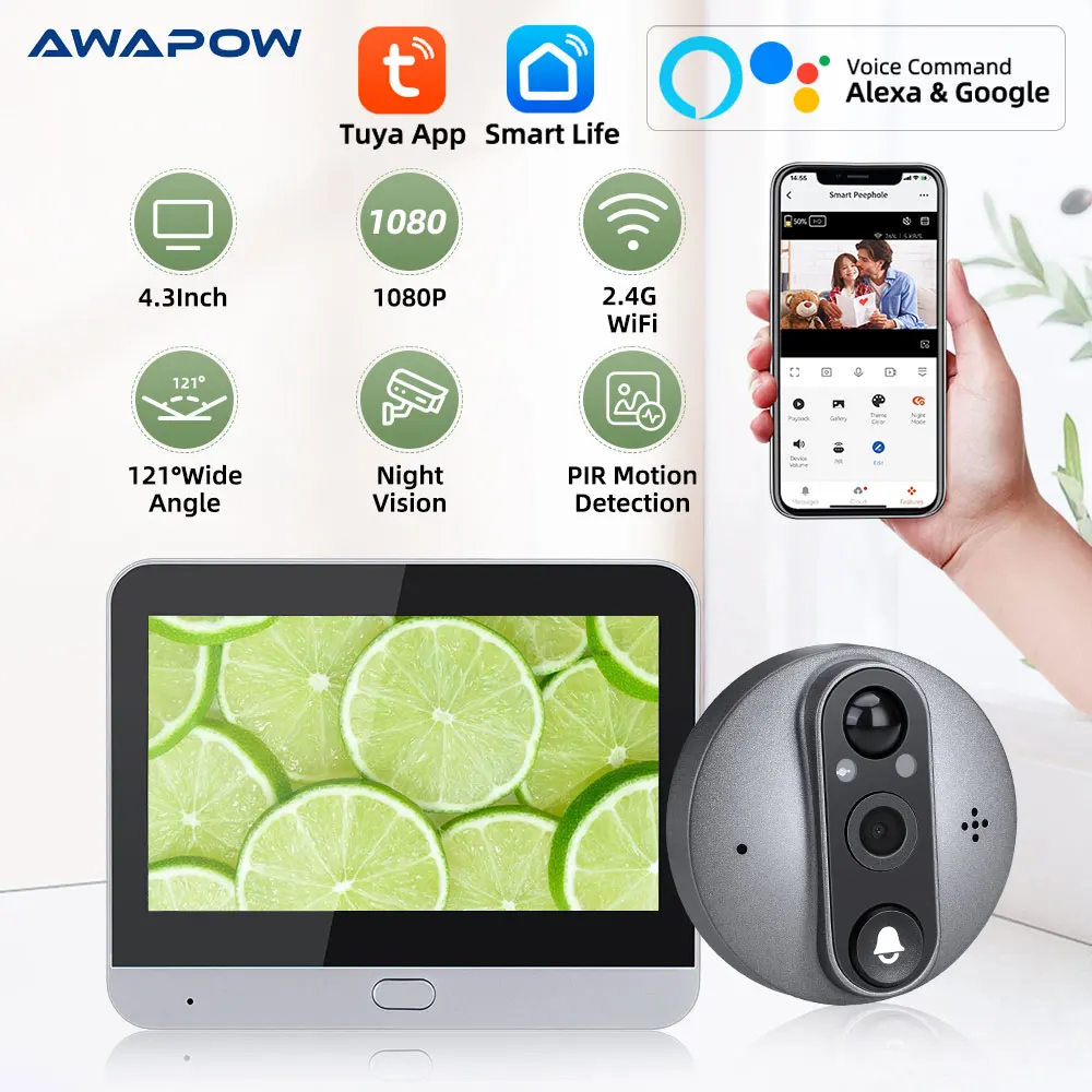 Awapow WiFi Peephole Doorbell Camera 1080P 4.3Inch Door Peephole Camera Night Vision Smart Tuya